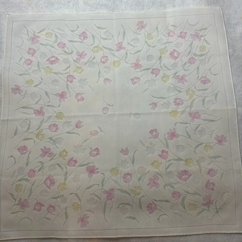 Vtg Scarf Handkerchief Floral Tulip Cotton Blend White Pink 16